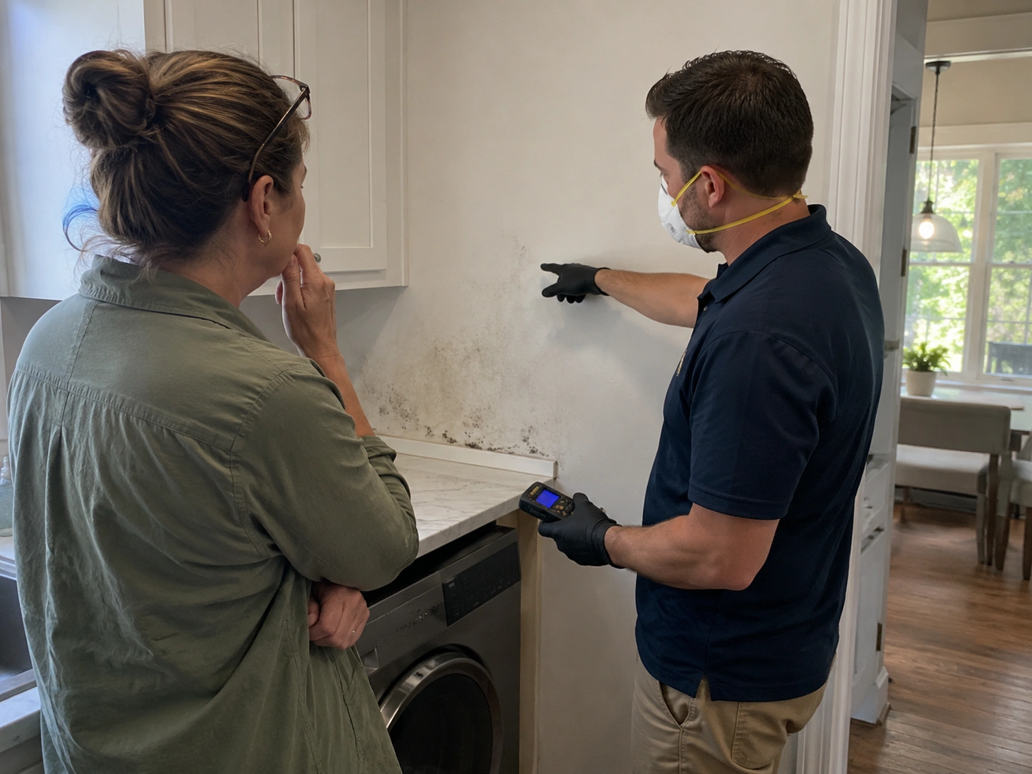 Technician discussing practical mold next steps with a homeowner